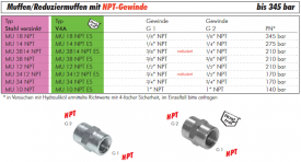 Muffen / Reduziermuffen mit NPT-Gewinde, Stahl verzinkt 140 bis 345 bar, alle Größen